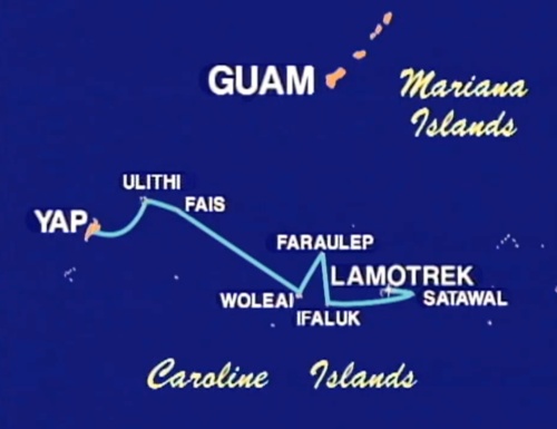 Carte des îles de Guam et des îles Caroline, indiquant Yap, Ulithi, Fais, Faraulep, Lamotrek, Satawal, Woleai et Ifaluk.