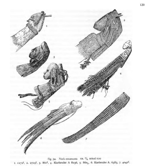 Ornements de cou, dessin en noir et blanc, incluant divers motifs et formes de décoration.